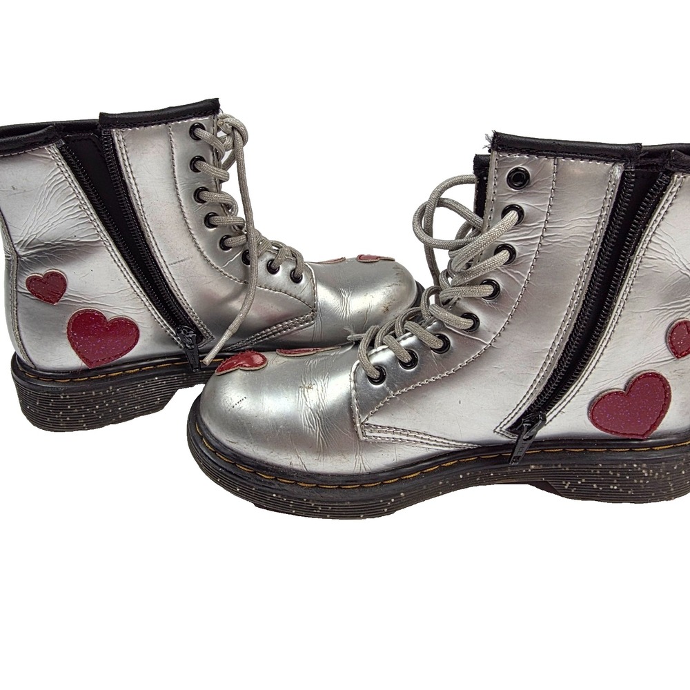 Dr. Martens Boots Metallic Silver Hearts Zipper Side Sz 3 Valentines High Top - Picture 8 of 10